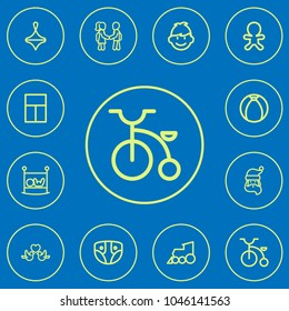 Set of 12 editable relatives icons line style. Includes symbols such as ball, train, couple and more. Can be used for web, mobile, UI and infographic design.