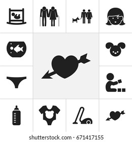 Set Of 12 Editable Relatives Icons. Includes Symbols Such As Puppy, Mother, Fish Tank And More. Can Be Used For Web, Mobile, UI And Infographic Design.
