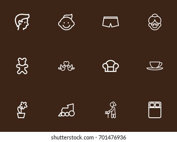 Set Of 12 Editable Relatives Outline Icons. Includes Symbols Such As Cup, Shorts, Boy And More. Can Be Used For Web, Mobile, UI And Infographic Design.