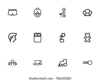 Set Of 12 Editable Relatives Outline Icons. Includes Symbols Such As Grandma, Flowerpot, Clues. Can Be Used For Web, Mobile, UI And Infographic Design.