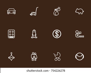 Set Of 12 Editable Relatives Outline Icons. Includes Symbols Such As Playing, People, Carriage And More. Can Be Used For Web, Mobile, UI And Infographic Design.