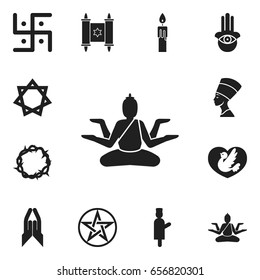 Set Of 12 Editable Religion Icons. Includes Symbols Such As Blessing, Cleopatra, Eye On Hand. Can Be Used For Web, Mobile, UI And Infographic Design.