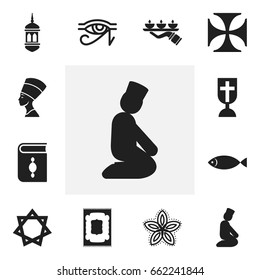 Set Of 12 Editable Religion Icons. Includes Symbols Such As Egypt God, Indian Flower, Pray And More. Can Be Used For Web, Mobile, UI And Infographic Design.
