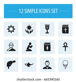 Set Of 12 Editable Religion Icons. Includes Symbols Such As Solar, Gem, Orison And More. Can Be Used For Web, Mobile, UI And Infographic Design.