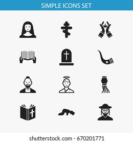 Set Of 12 Editable Religion Icons. Includes Symbols Such As Sajdah, Traditional Lamp, Hebrew And More. Can Be Used For Web, Mobile, UI And Infographic Design.