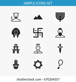 Set Of 12 Editable Religion Icons. Includes Symbols Such As Eye On Hand , Hanukkah, Cherub. Can Be Used For Web, Mobile, UI And Infographic Design.