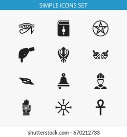 Set Of 12 Editable Religion Icons. Includes Symbols Such As Religious Book, Prayer, Hamsa And More. Can Be Used For Web, Mobile, UI And Infographic Design.