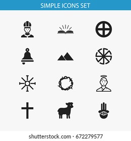 Set Of 12 Editable Religion Icons. Includes Symbols Such As Solar Emblem, Eye On Hand , Christ Wreath. Can Be Used For Web, Mobile, UI And Infographic Design.