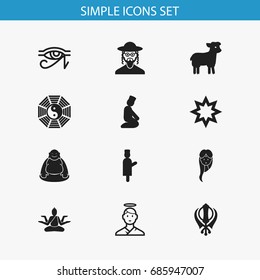 Set Of 12 Editable Religion Icons. Includes Symbols Such As Egyptian God, Angel And More. Can Be Used For Web, Mobile, UI And Infographic Design.