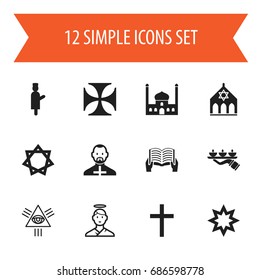 Set Of 12 Editable Religion Icons. Includes Symbols Such As Hexagram, Reading, Candle Light. Can Be Used For Web, Mobile, UI And Infographic Design.