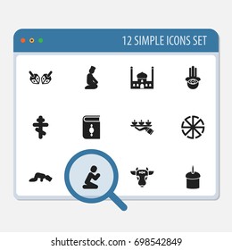 Set Of 12 Editable Religion Icons. Includes Symbols Such As Candle Light, Spring Pie, Orison. Can Be Used For Web, Mobile, UI And Infographic Design.