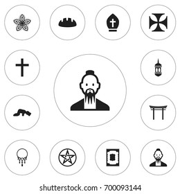 Set Of 12 Editable Religion Icons. Includes Symbols Such As Shinto, Baguette, Minaret And More. Can Be Used For Web, Mobile, UI And Infographic Design.