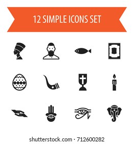 Set Of 12 Editable Religion Icons. Includes Symbols Such As Tusk, Cleopatra, Fire Wax And More. Can Be Used For Web, Mobile, UI And Infographic Design.