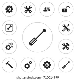 Set Of 12 Editable Repair Icons. Includes Symbols Such As Reconstruction, Build Equipment, Cogwheels And More. Can Be Used For Web, Mobile, UI And Infographic Design.