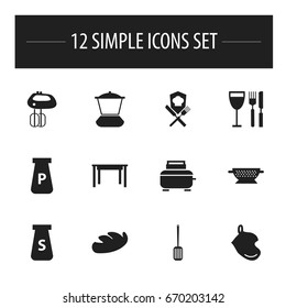 Set Of 12 Editable Restaurant Icons. Includes Symbols Such As Tableware, Salt, Drainer And More. Can Be Used For Web, Mobile, UI And Infographic Design.