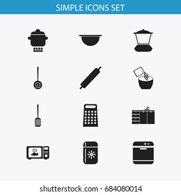 Set Of 12 Editable Restaurant Icons. Includes Symbols Such As Kitchen items, Fridge, Dough And More. Can Be Used For Web, Mobile, UI And Infographic Design.