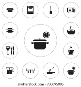 Set Of 12 Editable Restaurant Icons. Includes Symbols Such As Coffee, Soup, Frying Pan And More. Can Be Used For Web, Mobile, UI And Infographic Design.