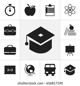 Set Of 12 Editable School Icons. Includes Symbols Such As Ceremony, Supervision List, Trunk And More. Can Be Used For Web, Mobile, UI And Infographic Design.
