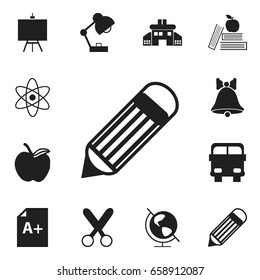 Set Of 12 Editable School Icons. Includes Symbols Such As Earth Planet, Transport Vehicle, Apple And More. Can Be Used For Web, Mobile, UI And Infographic Design.