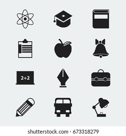 Set Of 12 Editable School Icons. Includes Symbols Such As Supervision List, Apple, Trunk And More. Can Be Used For Web, Mobile, UI And Infographic Design.