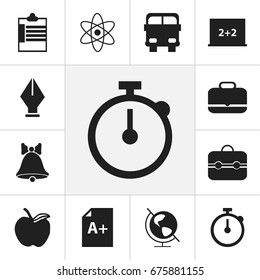 Set Of 12 Editable School Icons. Includes Symbols Such As Nib, Transport Vehicle, Trunk And More. Can Be Used For Web, Mobile, UI And Infographic Design.