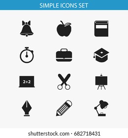 Set Of 12 Editable School Icons. Includes Symbols Such As Painter's Stand, Apple , Lighting. Can Be Used For Web, Mobile, UI And Infographic Design.