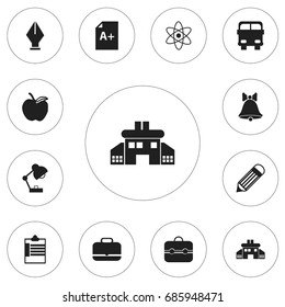 Set Of 12 Editable School Icons. Includes Symbols Such As Page, Lighting, Kindergarten And More. Can Be Used For Web, Mobile, UI And Infographic Design.