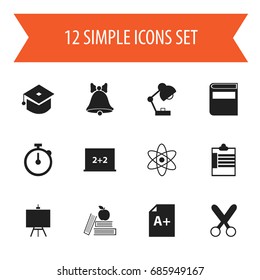 Set Of 12 Editable School Icons. Includes Symbols Such As Writing Board, Cutting, Ceremony And More. Can Be Used For Web, Mobile, UI And Infographic Design.