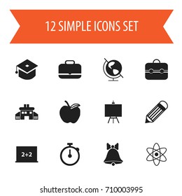 Set Of 12 Editable School Icons. Includes Symbols Such As Portfolio , Painter's Stand, Molecule. Can Be Used For Web, Mobile, UI And Infographic Design.