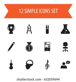 Set Of 12 Editable Science Icons. Includes Symbols Such As Pen Case, Pencil, Thinking Man And More. Can Be Used For Web, Mobile, UI And Infographic Design.