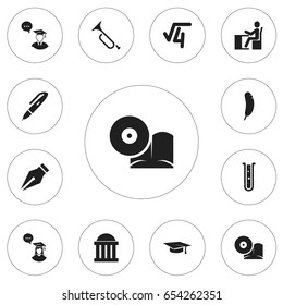 Set Of 12 Editable Science Icons. Includes Symbols Such As Compact Disk, Graduation Hat, Schoolboy And More. Can Be Used For Web, Mobile, UI And Infographic Design.