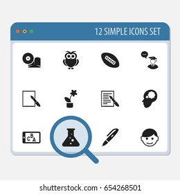 Set Of 12 Editable Science Icons. Includes Symbols Such As Compact Disk, Graduate Student, Scholar And More. Can Be Used For Web, Mobile, UI And Infographic Design.