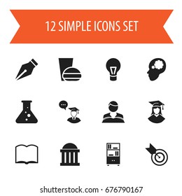 Set Of 12 Editable Science Icons. Includes Symbols Such As Bookcase, Dartboard, Graduated Female And More. Can Be Used For Web, Mobile, UI And Infographic Design.