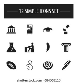 Set Of 12 Editable Science Icons. Includes Symbols Such As Greek Alphabet, Graduate, Bookcase And More. Can Be Used For Web, Mobile, UI And Infographic Design.