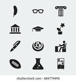 Set Of 12 Editable Science Icons. Includes Symbols Such As Pillar, Graduate, Greek Alphabet And More. Can Be Used For Web, Mobile, UI And Infographic Design.