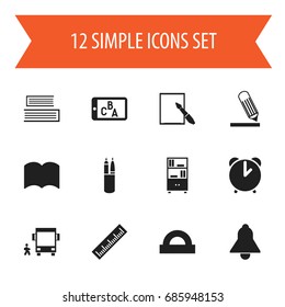 Set Of 12 Editable Science Icons. Includes Symbols Such As Phone Play, Writing, Bookcase And More. Can Be Used For Web, Mobile, UI And Infographic Design.