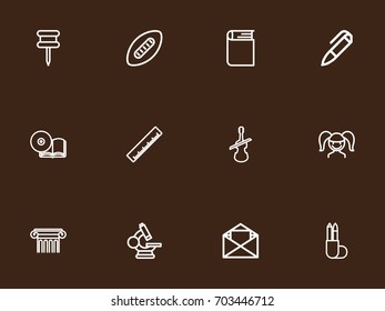 Set Of 12 Editable Science Outline Icons. Includes Symbols Such As Cd, Pushpin, Eyepiece And More. Can Be Used For Web, Mobile, UI And Infographic Design.