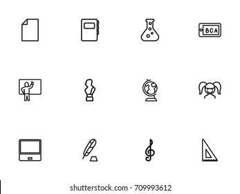 Set Of 12 Editable Science Outline Icons. Includes Symbols Such As Lesson, Teaching, Test Tube And More. Can Be Used For Web, Mobile, UI And Infographic Design.
