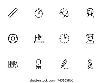 Set Of 12 Editable Science Outline Icons. Includes Symbols Such As Watch, Folder, Food And More. Can Be Used For Web, Mobile, UI And Infographic Design.