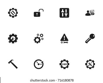 Set Of 12 Editable Service Icons. Includes Symbols Such As Access, Cogwheels, Wrench Repair And More. Can Be Used For Web, Mobile, UI And Infographic Design.