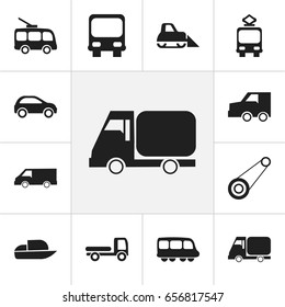 Set Of 12 Editable Shipment Icons. Includes Symbols Such As Cable Railway, Motorbus, Haulage And More. Can Be Used For Web, Mobile, UI And Infographic Design.