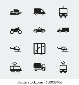 Set Of 12 Editable Shipment Icons. Includes Symbols Such As Chopper, Carriage, Vessel And More. Can Be Used For Web, Mobile, UI And Infographic Design.