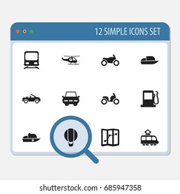 Set Of 12 Editable Shipment Icons. Includes Symbols Such As Navigation, Helicopter, Wagon And More. Can Be Used For Web, Mobile, UI And Infographic Design.