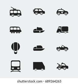 Set Of 12 Editable Shipment Icons. Includes Symbols Such As Motorbus, Airship, Family Jeep And More. Can Be Used For Web, Mobile, UI And Infographic Design.