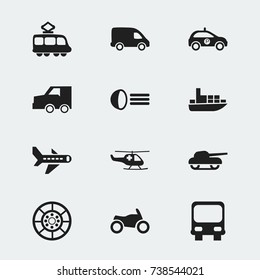 Set Of 12 Editable Shipment Icons. Includes Symbols Such As Autobus, Ship, Emergency Copter And More. Can Be Used For Web, Mobile, UI And Infographic Design.