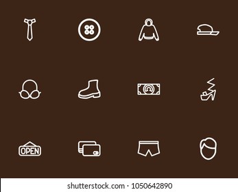 Set of 12 editable shopping icons line style. Includes symbols such as male aspect, brassiere, cash and more. Can be used for web, mobile, UI and infographic design.