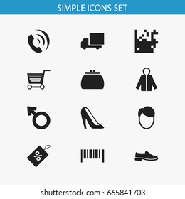 Set Of 12 Editable Shopping Icons. Includes Symbols Such As Stiletto, Pushcart, Identification And More. Can Be Used For Web, Mobile, UI And Infographic Design.