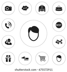 Set Of 12 Editable Shopping Icons. Includes Symbols Such As Cart, Badge, Scissors And More. Can Be Used For Web, Mobile, UI And Infographic Design.