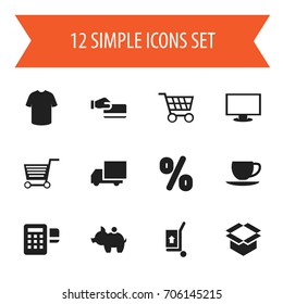 Set Of 12 Editable Shopping Icons. Includes Symbols Such As Package, Cart, Freight Delivery And More. Can Be Used For Web, Mobile, UI And Infographic Design.