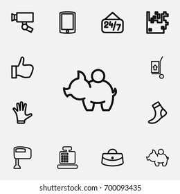 Set Of 12 Editable Shopping Outline Icons. Includes Symbols Such As Smartphone, Pig Money, Hand Cart. Can Be Used For Web, Mobile, UI And Infographic Design.
